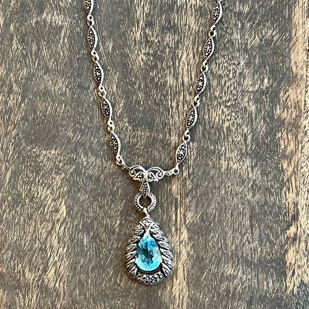 🎉HP🎉 Vintage Sterling Silver Marcasite Necklace with Blue Pendant